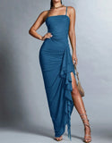 Ndyad Blue Spaghetti Strap Chiffon Party Dress Ruffle Evening Gowns with Slit HZ1024