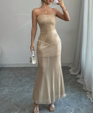Ndyad Strapless Champagne Sequin Mermaid Party Dress Elegant Evening Gowns HZ1024