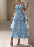 Ndyad Strapless Tulle Embroidered Applique A-Line Vintage Wedding Guest Dress Elegant Bridesmaid Dress HZ1024