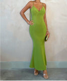 Ndyad Green V-Neck Mermaid Chiffon Backless Fashion Dress HZ1024