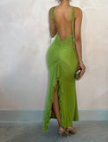 Ndyad Green V-Neck Mermaid Chiffon Backless Fashion Dress HZ1024