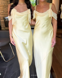 Ndyad Off-the-shoulder Satin Sheath Formal Dresses Butter Yellow Evening Gowns HZ1024