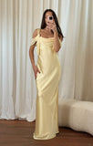 Ndyad Off-the-shoulder Satin Sheath Formal Dresses Butter Yellow Evening Gowns HZ1024