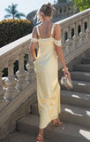 Ndyad Off-the-shoulder Satin Sheath Formal Dresses Butter Yellow Evening Gowns HZ1024