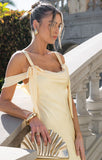 Ndyad Off-the-shoulder Satin Sheath Formal Dresses Butter Yellow Evening Gowns HZ1024