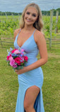 Ndyad Blue Mermaid Satin V-neck Wedding Guest Dress Sexy Backless Evening Gowns HZ1024