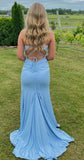 Ndyad Blue Mermaid Satin V-neck Wedding Guest Dress Sexy Backless Evening Gowns HZ1024