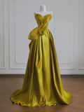 Evafashion Yellow Satin Sweetheart Neck A-Line Sweet 16 Dress Gorgeous Formal Evening Gowns HZ1024