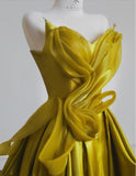 Evafashion Yellow Satin Sweetheart Neck A-Line Sweet 16 Dress Gorgeous Formal Evening Gowns HZ1024