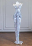 Ndyad Rhinestone Spaghetti Strap Bodycon Evening Gowns Gorgeous Long Prom Dresses HZ1024