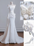 Ndyad Strapless Satin Lace Mermaid Train Wedding Dress,Elegant Long Prom Dresses HZ1024