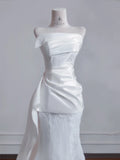 Ndyad Strapless Satin Lace Mermaid Train Wedding Dress,Elegant Long Prom Dresses HZ1024