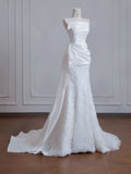 Ndyad Strapless Satin Lace Mermaid Train Wedding Dress,Elegant Long Prom Dresses HZ1024