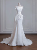 Ndyad Strapless Satin Lace Mermaid Train Wedding Dress,Elegant Long Prom Dresses HZ1024