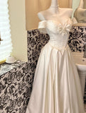 Ndyad White Off Shoulder A-Line Satin Vintage Wedding Dress, Sweet Long Prom Dresses HZ1024
