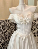 Ndyad White Off Shoulder A-Line Satin Vintage Wedding Dress, Sweet Long Prom Dresses HZ1024