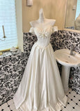 Ndyad White Off Shoulder A-Line Satin Vintage Wedding Dress, Sweet Long Prom Dresses HZ1024
