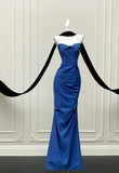 Ndyad Blue Mermaid Strapless Satin Long Prom Dresses Formal Evening Gowns HZ1024