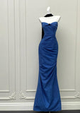 Ndyad Blue Mermaid Strapless Satin Long Prom Dresses Formal Evening Gowns HZ1024