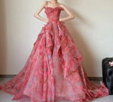 Ndyad Red A-Line Strapless Printed Tulle Wedding Dress Sweet Long Prom Dresses HZ1024
