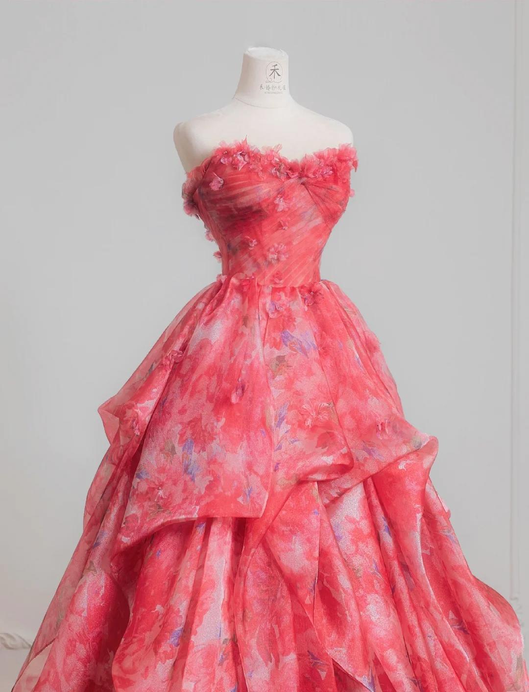 Ndyad Red A-Line Strapless Printed Tulle Wedding Dress Sweet Long Prom Dresses HZ1024