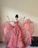 Ndyad Red A-Line Strapless Printed Tulle Wedding Dress Sweet Long Prom Dresses HZ1024