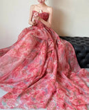 Ndyad Red A-Line Strapless Printed Tulle Wedding Dress Sweet Long Prom Dresses HZ1024