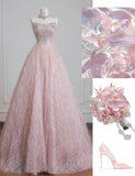 Ndyad Pink Strapless Beaded Tulle Wedding Dress, A-Line Long Prom Dresses HZ1024