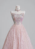 Ndyad Pink Strapless Beaded Tulle Wedding Dress, A-Line Long Prom Dresses HZ1024