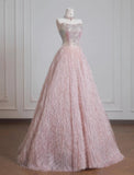 Ndyad Pink Strapless Beaded Tulle Wedding Dress, A-Line Long Prom Dresses HZ1024
