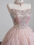 Ndyad Pink Strapless Beaded Tulle Wedding Dress, A-Line Long Prom Dresses HZ1024