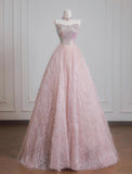 Ndyad Pink Strapless Beaded Tulle Wedding Dress, A-Line Long Prom Dresses HZ1024