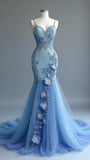 Ndyad Blue Spaghetti Straps Mermaid Tulle Beaded Long Prom Dresses Formal Evening Gowns HZ1024