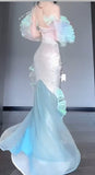 Ndyad Ice Blue Mermaid Tulle Mask Prom Dresses Sparkling Sequin Evening Gowns HZ1024