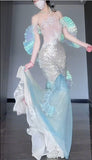 Ndyad Ice Blue Mermaid Tulle Mask Prom Dresses Sparkling Sequin Evening Gowns HZ1024