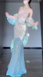 Ndyad Ice Blue Mermaid Tulle Mask Prom Dresses Sparkling Sequin Evening Gowns HZ1024