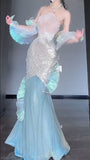 Ndyad Ice Blue Mermaid Tulle Mask Prom Dresses Sparkling Sequin Evening Gowns HZ1024