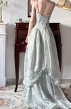 Ndyad Spaghetti Straps Jacquard Satin A-Line Long Prom Dresses Sweet Backless Evening Gowns HZ1024