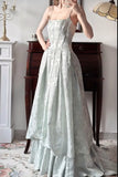 Ndyad Spaghetti Straps Jacquard Satin A-Line Long Prom Dresses Sweet Backless Evening Gowns HZ1024