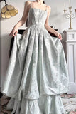 Ndyad Spaghetti Straps Jacquard Satin A-Line Long Prom Dresses Sweet Backless Evening Gowns HZ1024