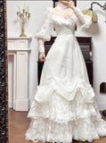 Ndyad White A-Line Long Sleeve Tulle Lace Applique Train Vintage Wedding Dress HZ1024