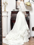 Ndyad White A-Line Long Sleeve Tulle Lace Applique Train Vintage Wedding Dress HZ1024