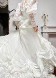 Ndyad White A-Line Long Sleeve Tulle Lace Applique Train Vintage Wedding Dress HZ1024