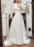 Ndyad A-Line V-neck Long Sleeve Embroidered Applique Tulle Long Sleeve Vintage Wedding Dress HZ1024