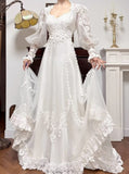 Ndyad A-Line V-neck Long Sleeve Embroidered Applique Tulle Long Sleeve Vintage Wedding Dress HZ1024