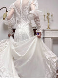 Ndyad A-Line V-neck Long Sleeve Embroidered Applique Tulle Long Sleeve Vintage Wedding Dress HZ1024