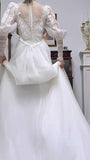 Ndyad A-Line White Turtleneck Lace Beading Tulle Long Sleeve Vintage Wedding Dress HZ1024
