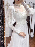 Ndyad A-Line White Turtleneck Lace Beading Tulle Long Sleeve Vintage Wedding Dress HZ1024