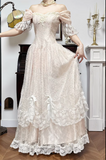Ndyad Light Champagne Off-the-shoulder A-Line Princess Prom Dresses Chiffon Lace Vintage Wedding Dress HZ1024