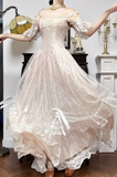 Ndyad Light Champagne Off-the-shoulder A-Line Princess Prom Dresses Chiffon Lace Vintage Wedding Dress HZ1024